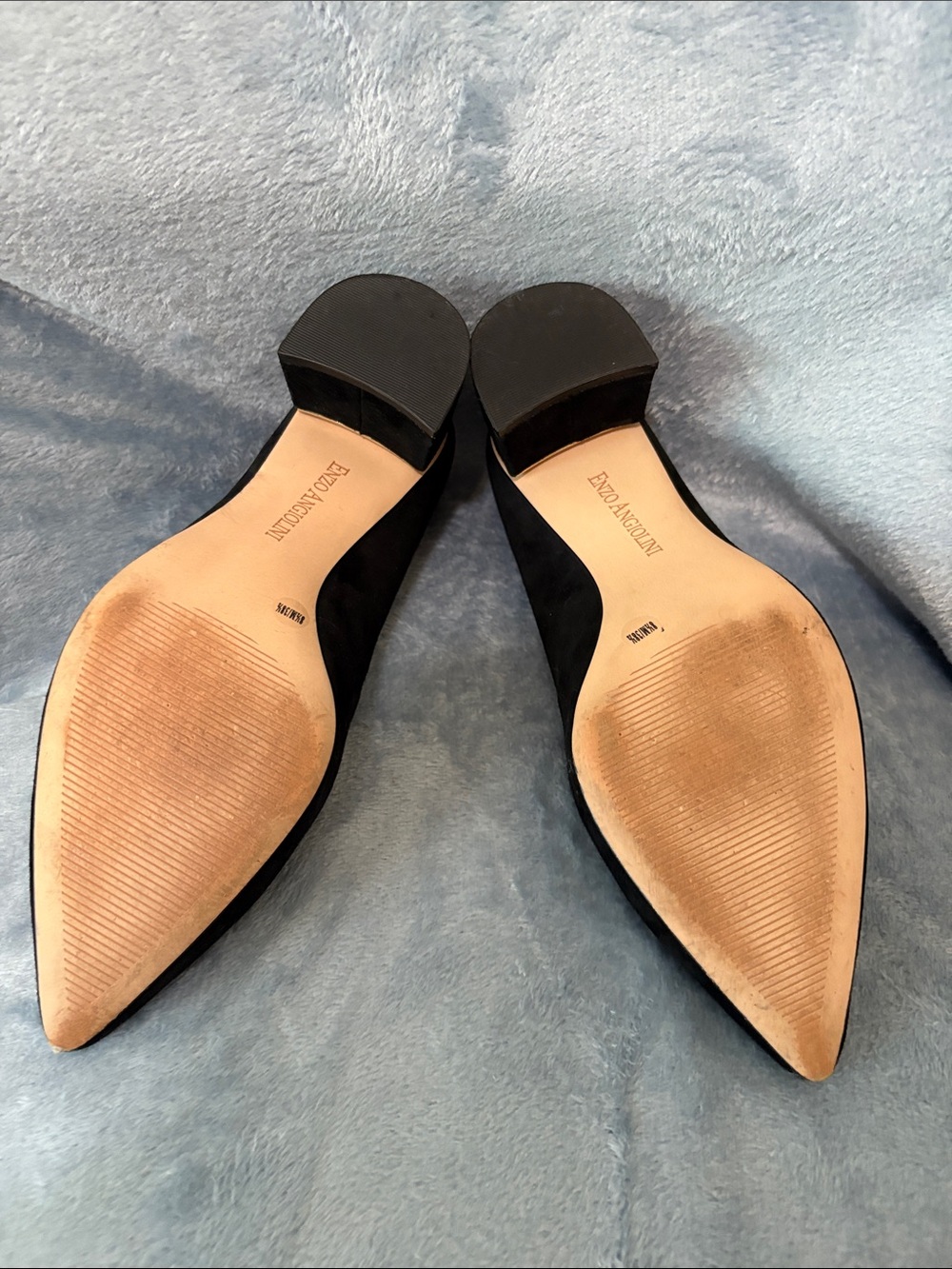 Enzo Angiolini Black Suede Pointed Low Block Heel Pumps with Gold Accent - Picture 5 of 11